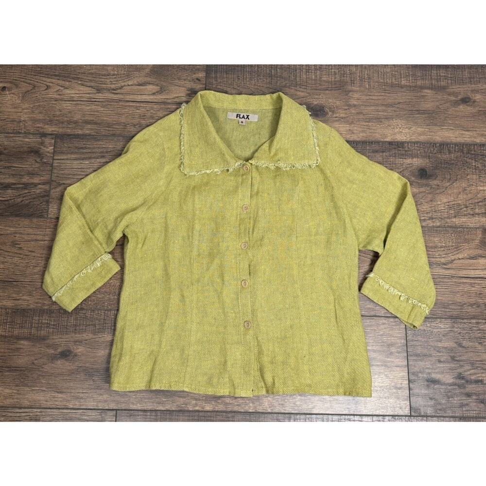 FLAX Womens Green 100% Linen Button Down Shirt 3/4 Sleeve Size S Lagenlook